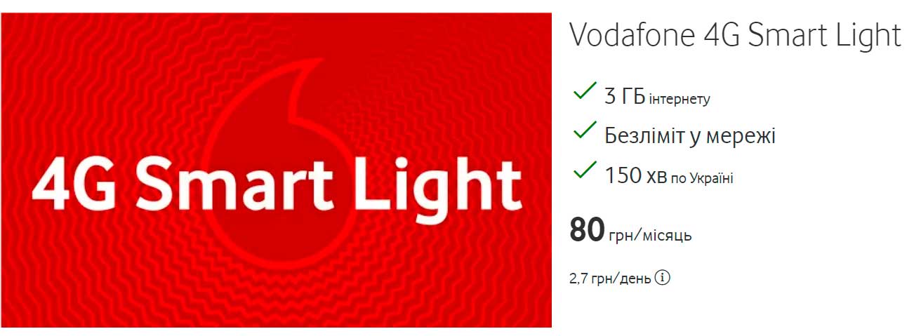 4g SMART Light - Самый дешевый тариф Водафон - 80 грн.