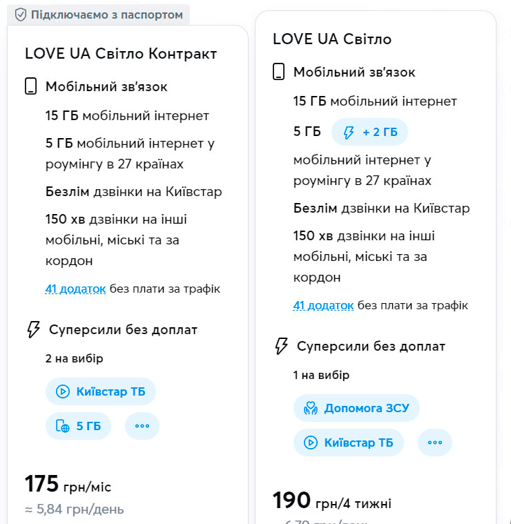 Київстар Love UA СВІТЛО (Предоплата або контракт). Порівняння з іншими тарифами.