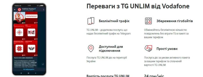 Услуга TG UNLIM – безлимит на телеграм от водафон.